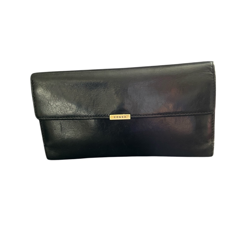 Coach Black Leather Wallet Clutch with Gold Accent